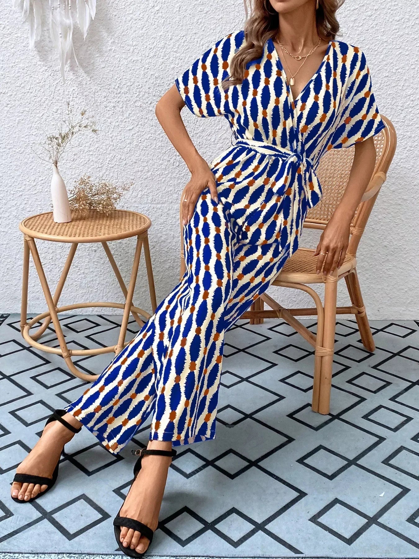 Printed Surplice Tie Waist Short Sleeve Jumpsuit - Southern Shores Clothing