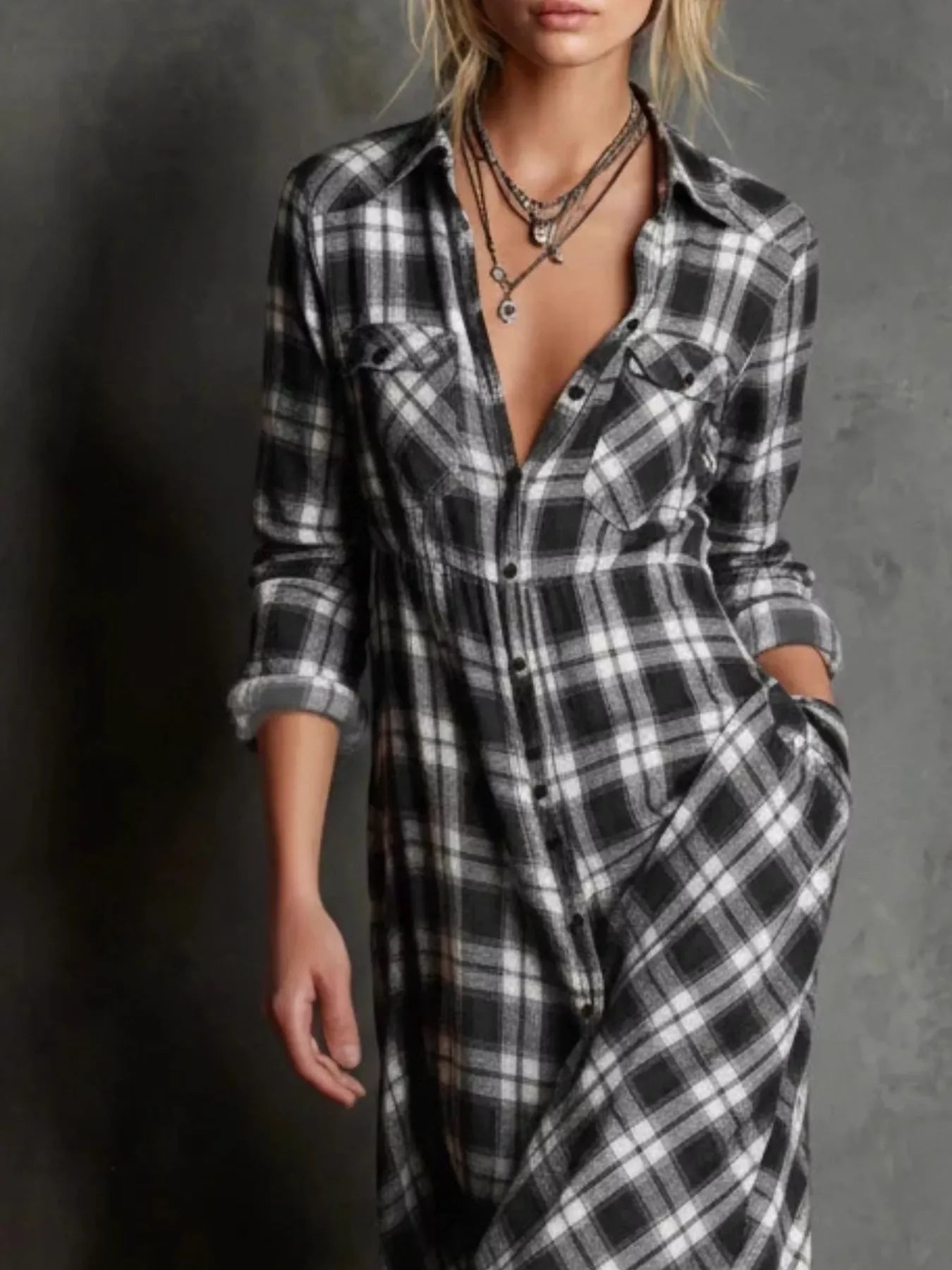 Plaid Button-Down Maxi Dress With Pockets Plus Size - Southern Shores Clothing
