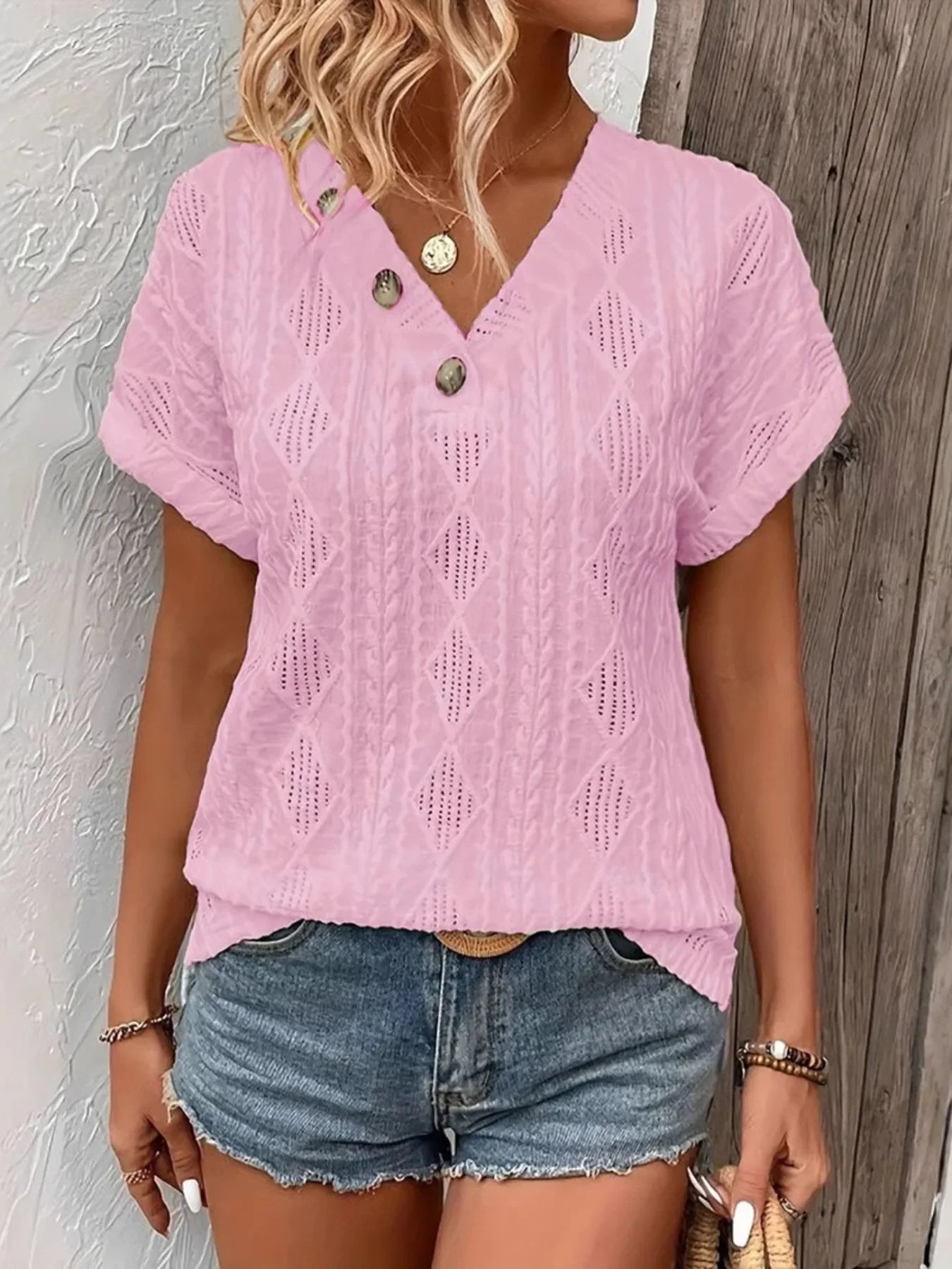 Textured V-Neck Short Sleeve Buttoned Top With Openwork - Southern Shores Clothing