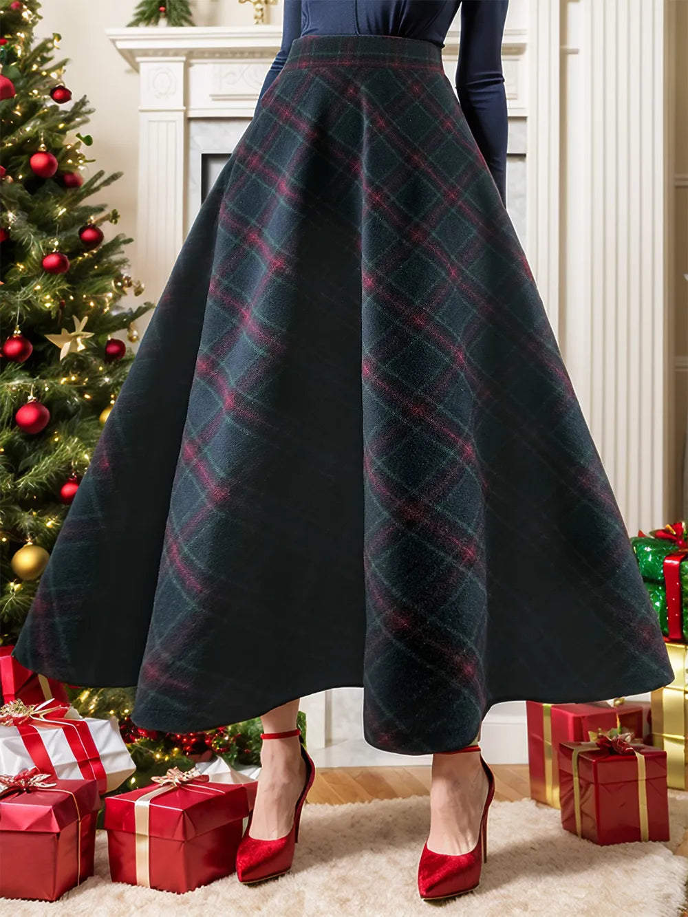 Women's Southern Shoreline Plaid Elastic Waist Midi Skirt