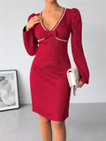 Pearl Trim V-Neck Long Sleeve Bodycon Dress - Southern Shores Clothing