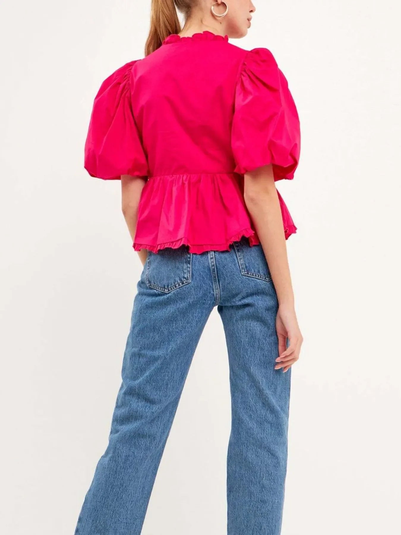 Stylish Southern Shores Clothing Puff Sleeve Peplum Blouse With Ruffles In 100% Polyester Fabric - Southern Shores Clothing