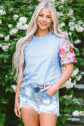 Embroidered Plaid Round Neck Short Sleeve Cotton Blouse - Southern Shores Clothing