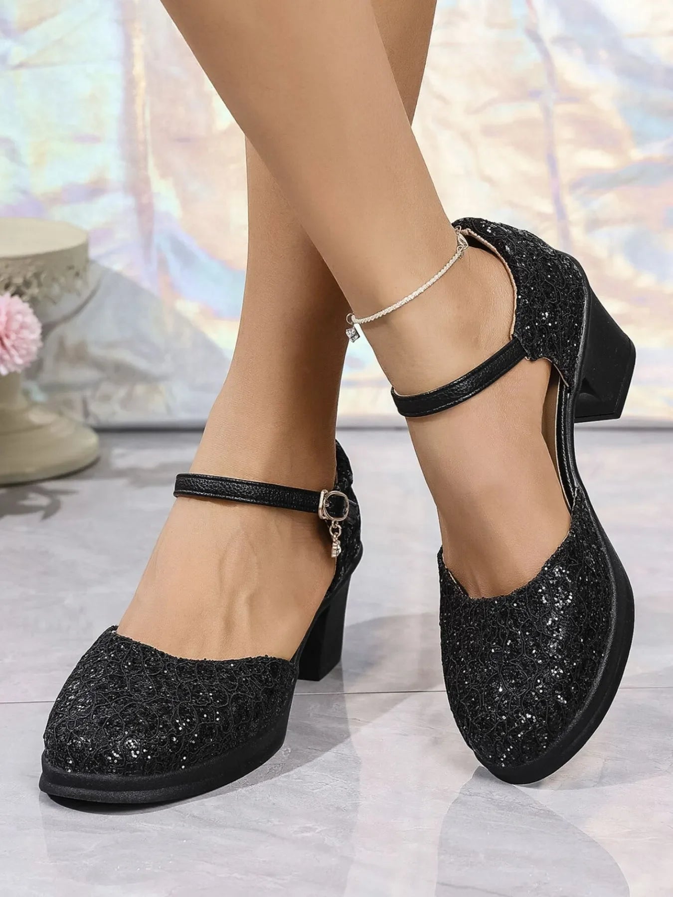 Round Toe Block Heels Pumps With Sequins Linen Mesh - Southern Shores Clothing