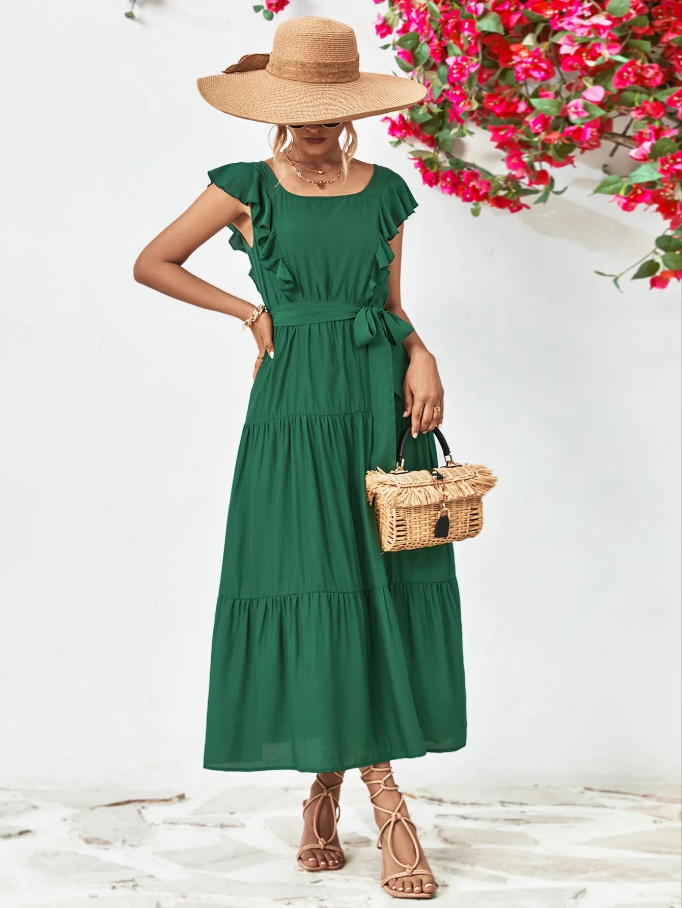 Tie Belt Ruffled Tiered Dress - Southern Shores Clothing