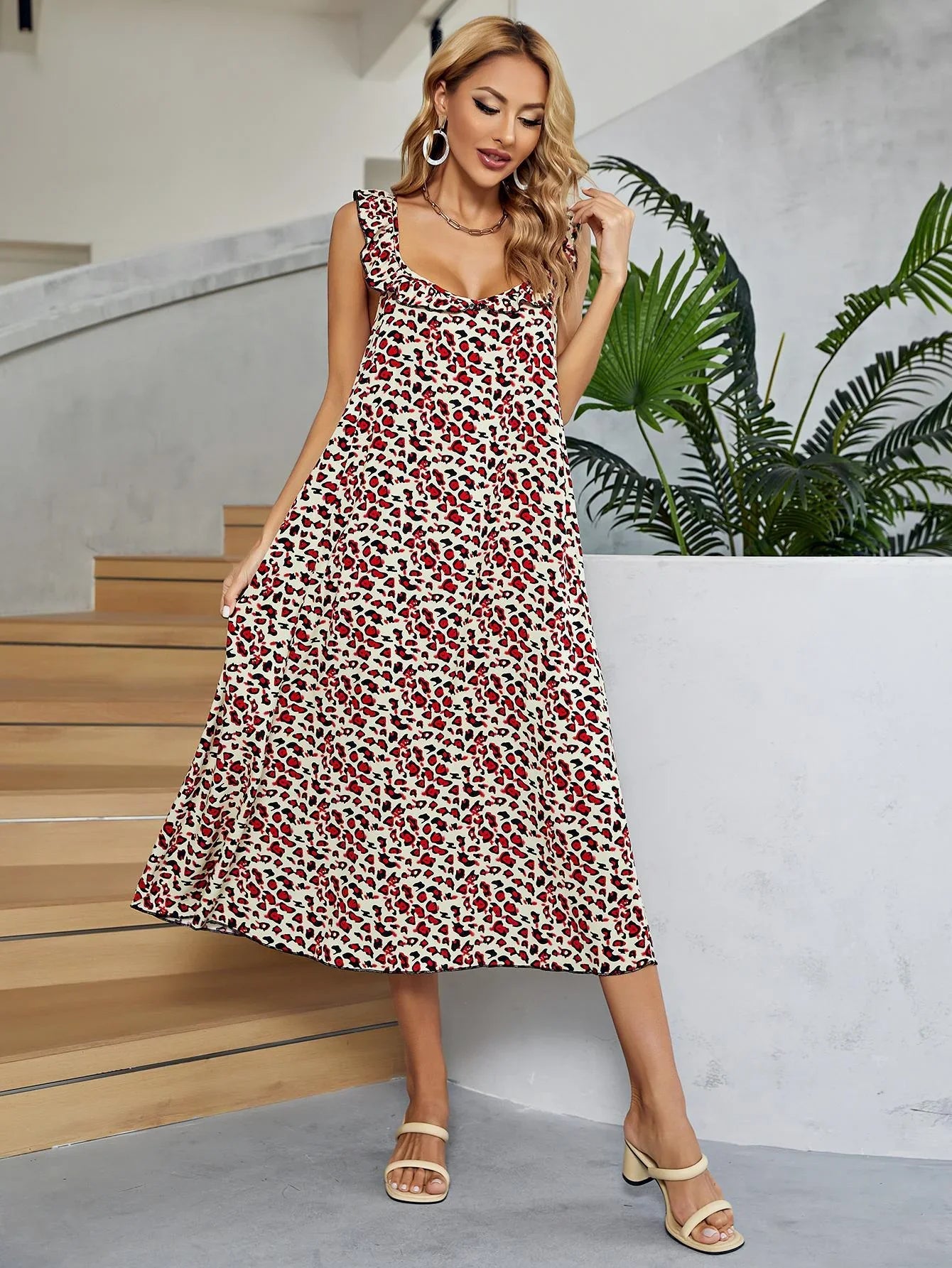 Printed Ruffled Sleeveless Midi Dress Floral Print - Southern Shores Clothing