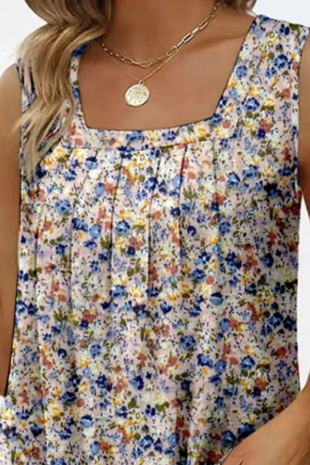 Printed Floral Square Neck Stretch Tank Top - Southern Shores Clothing