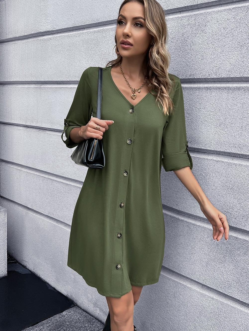 Casual Button Down V Neck Mini Dress Solid - Southern Shores Clothing