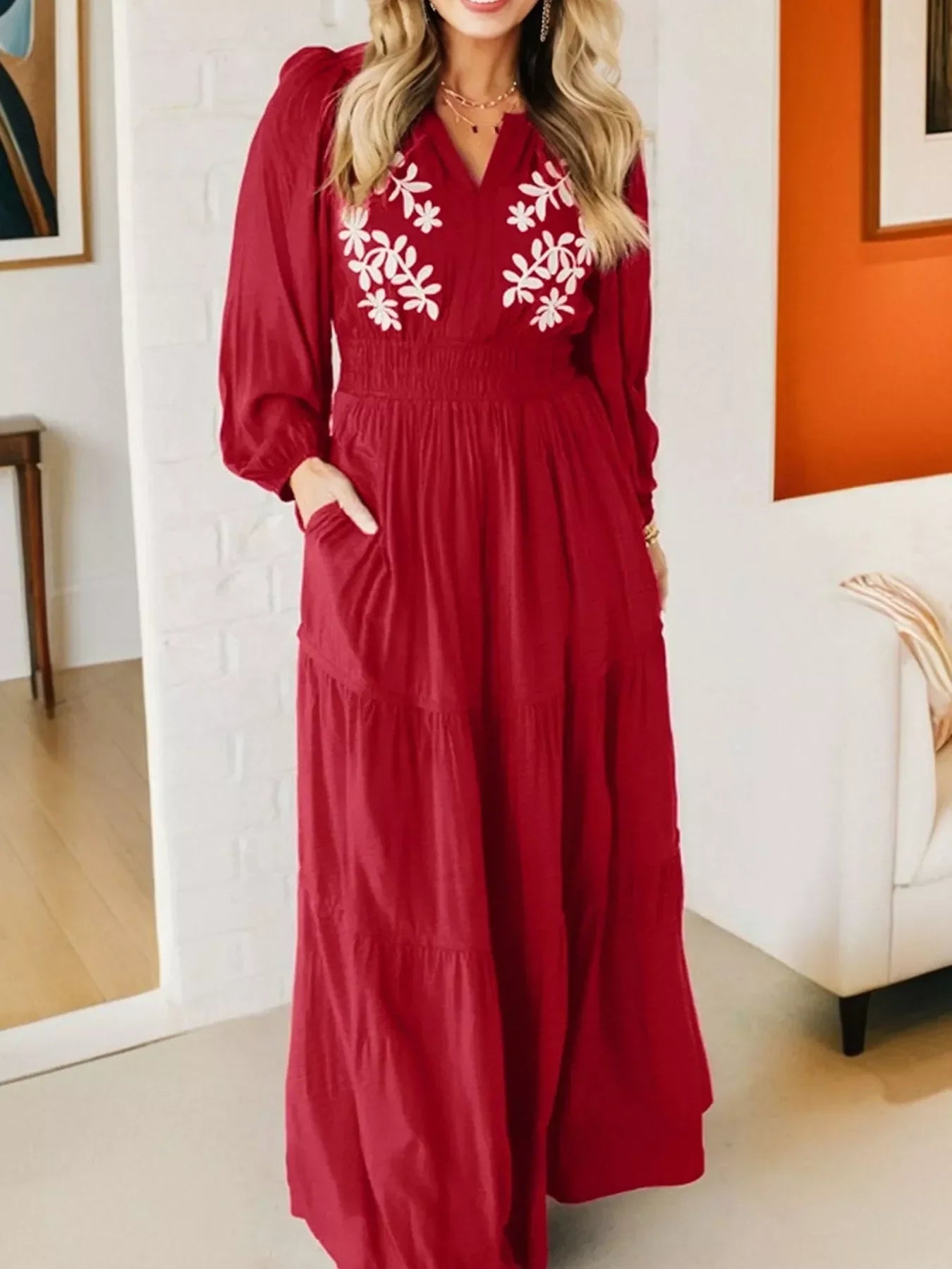 Embroidered Cinched Waist Tiered Long Sleeve Maxi Dress - Southern Shores Clothing