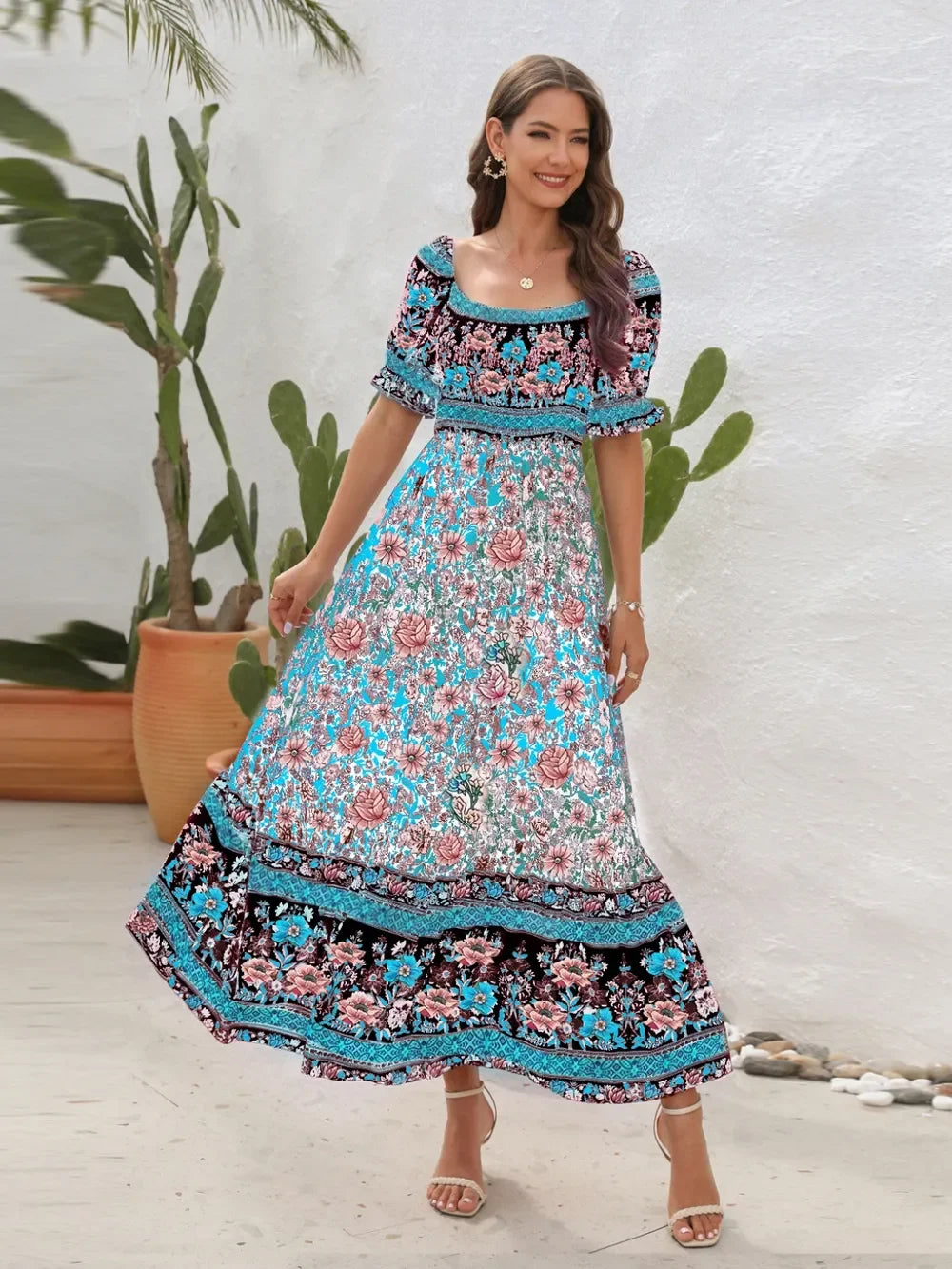 Floral Flounce Sleeve Midi Dress Rayon Off Shoulder Boho - Southern Shores Clothing