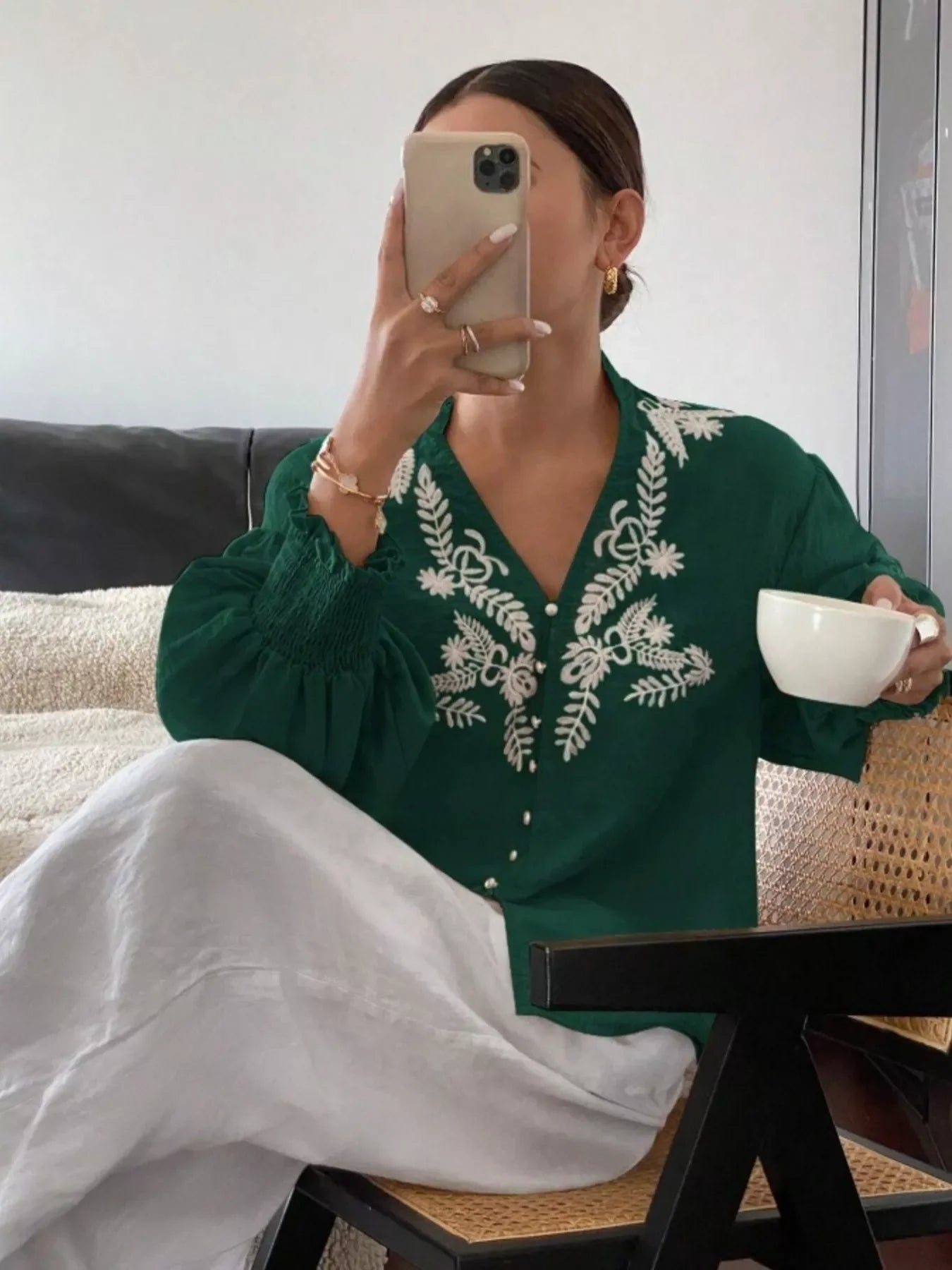 Southern Shores Elegant Embroidered Long Sleeve Buttoned Polyester Blouse With Je T'aime Design - Southern Shores Clothing