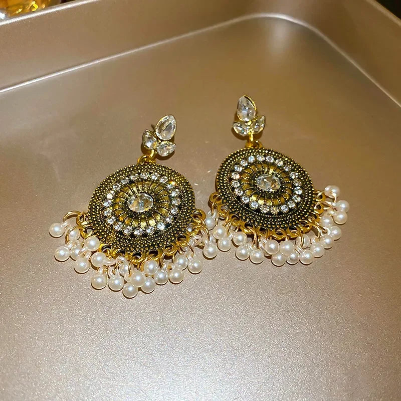 Rhinestone Alloy Bead Dangle Earrings With Pearl Drops Design - Southern Shores Clothing
