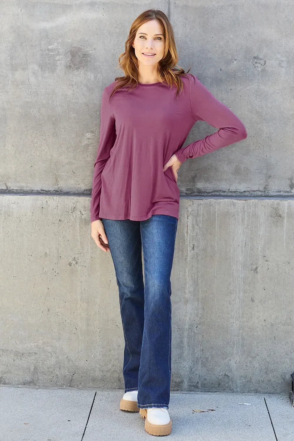 Basic Round Neck Long Sleeve Knit Top Silhouette - Southern Shores Clothing