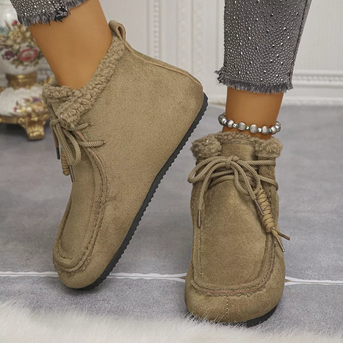 Plush Lined Fluff Suede Ankle Boots With Flat Heel - Southern Shores Clothing