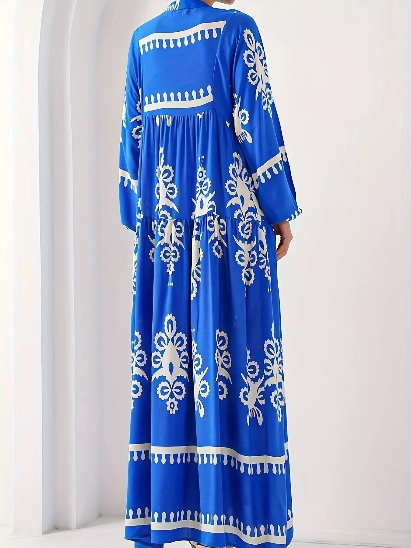 Buttoned Long Sleeve Bohemian Print Maxi Dress