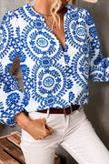 Printed Notched Long Sleeve Polyester Blouse - Southern Shores Clothing