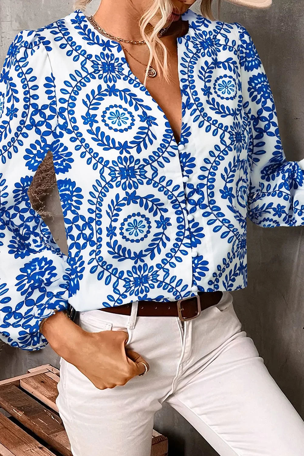 Printed Notched Long Sleeve Polyester Blouse - Southern Shores Clothing