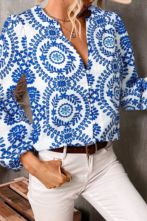 Printed Notched Long Sleeve Polyester Blouse - Southern Shores Clothing