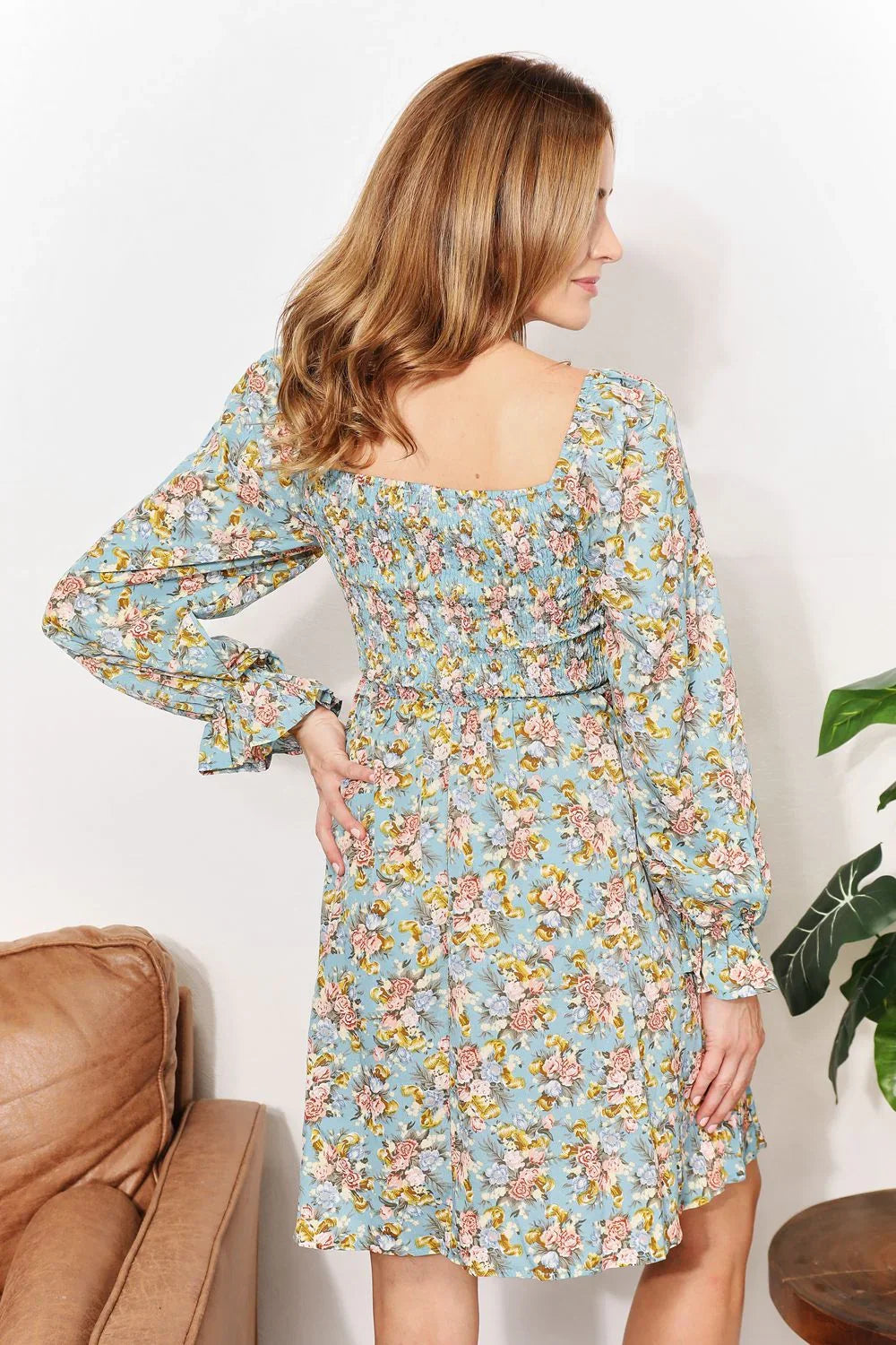 Floral Smocked Flounce Sleeve Square Neck Dress - Southern Shores Clothing
