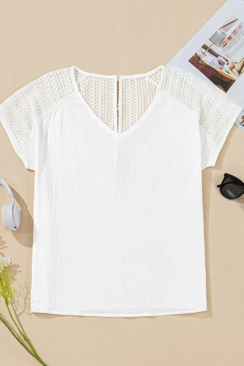 Lace Crochet Textured Button Back V Neck T Shirt - Southern Shores Clothing