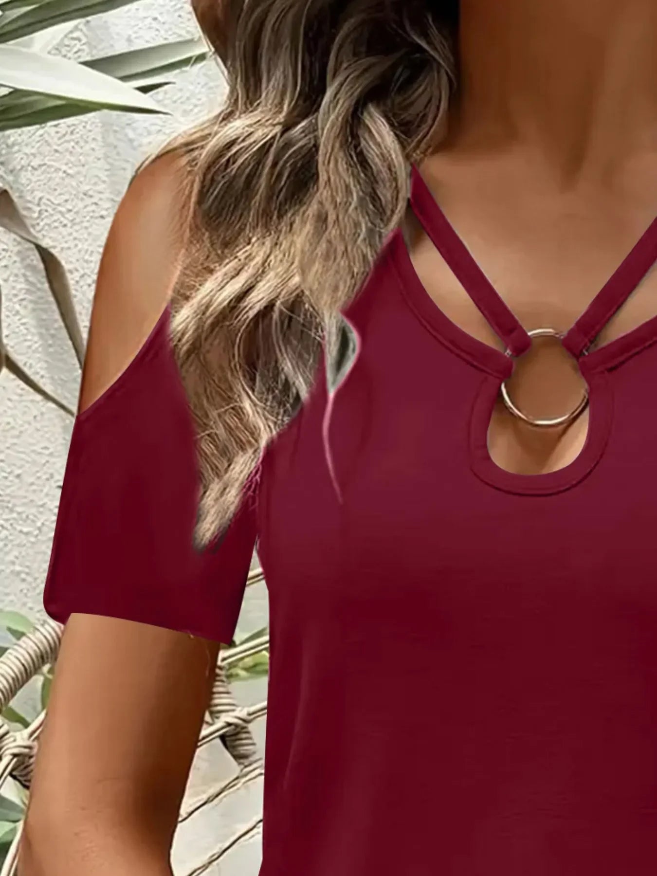 Stretch Cold Shoulder Tee With Metal Ring Detail - Southern Shores Clothing