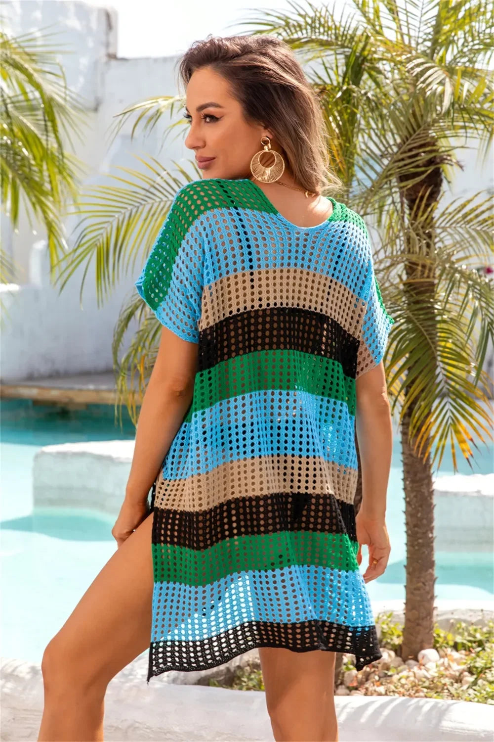 Openwork Striped V-Neck Short Sleeve Cover Up One Size - Southern Shores Clothing