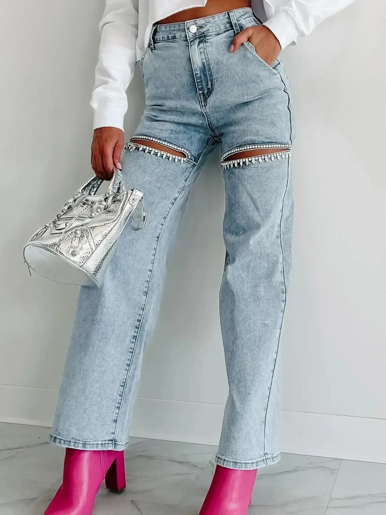 High Waist Cutout Wide Leg Denim Jeans Nautical Style - Southern Shores Clothing