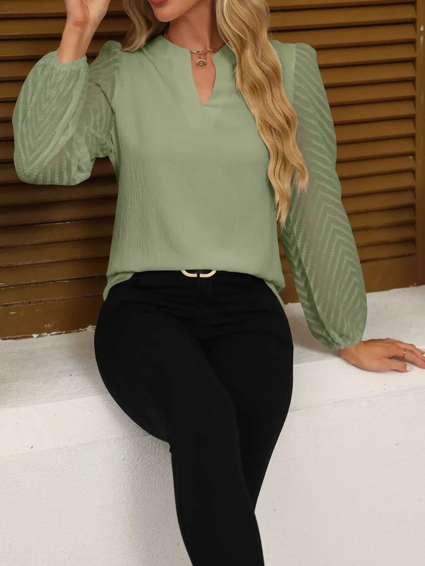 Notched Balloon Sleeve Polyester Blouse Effortless Style - Southern Shores Clothing