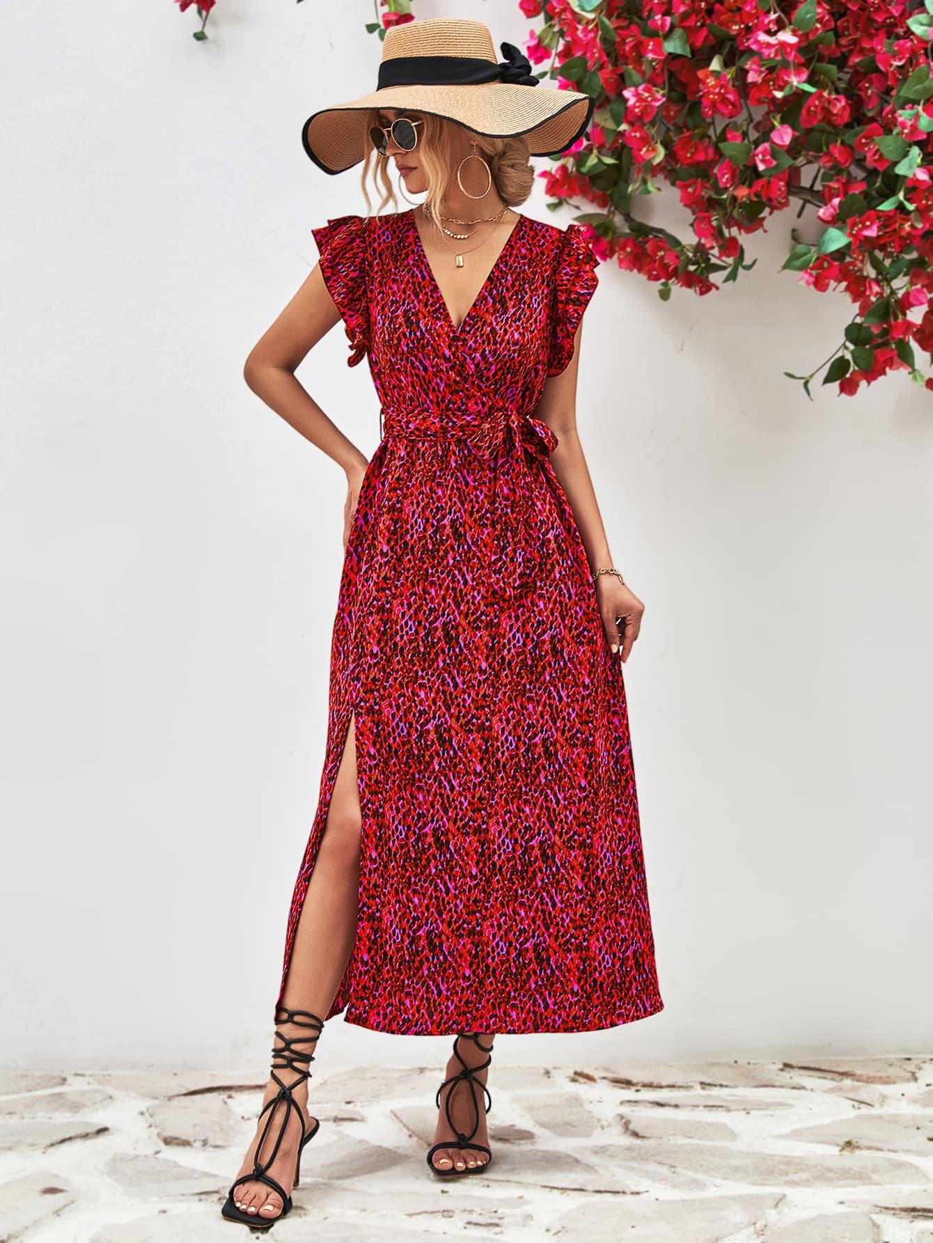 Printed Surplice Neck Flutter Sleeve Slit Dress - Southern Shores Clothing