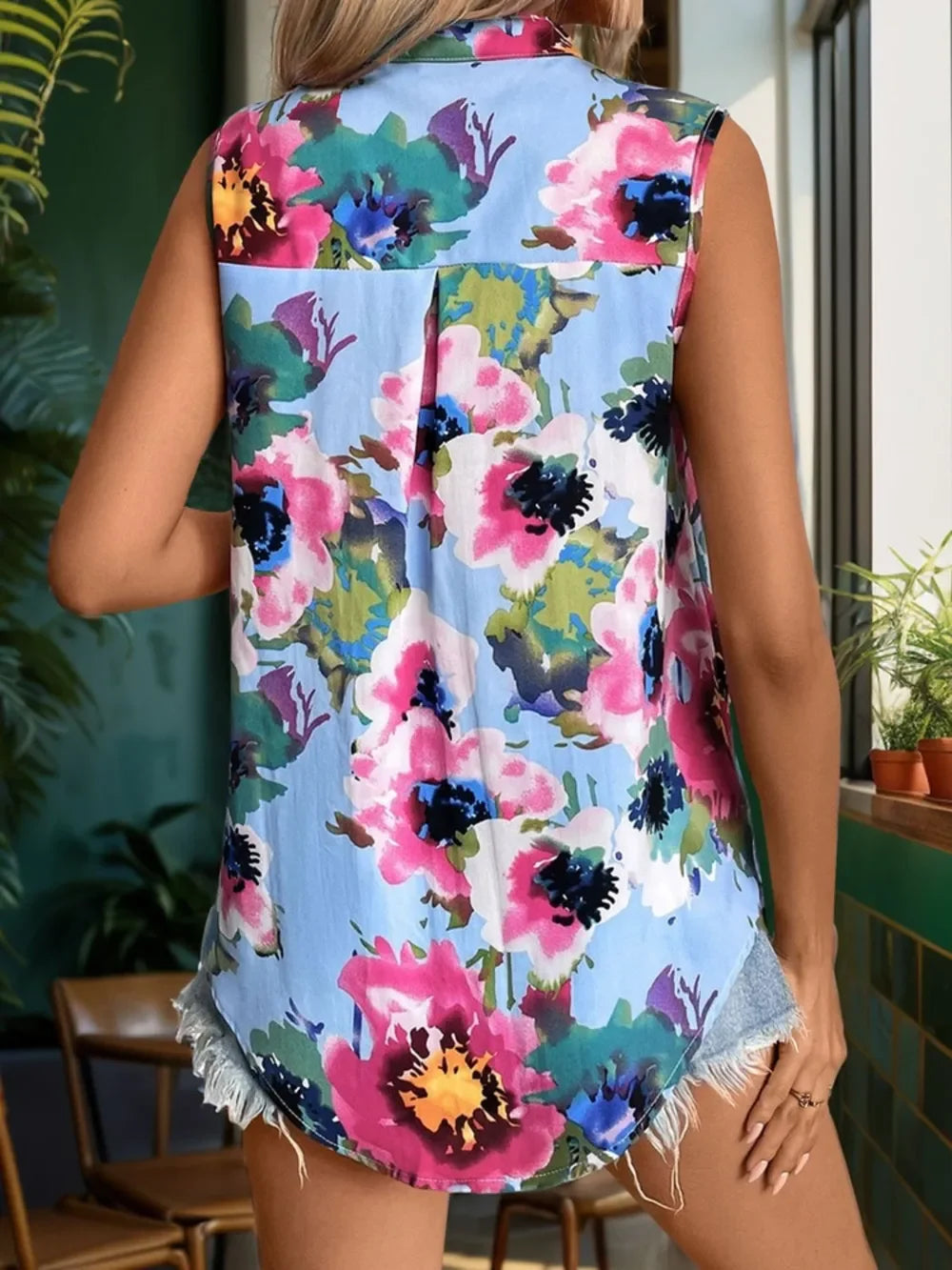Printed Round Neck Sleeveless Blouse With Pattern - Southern Shores Clothing