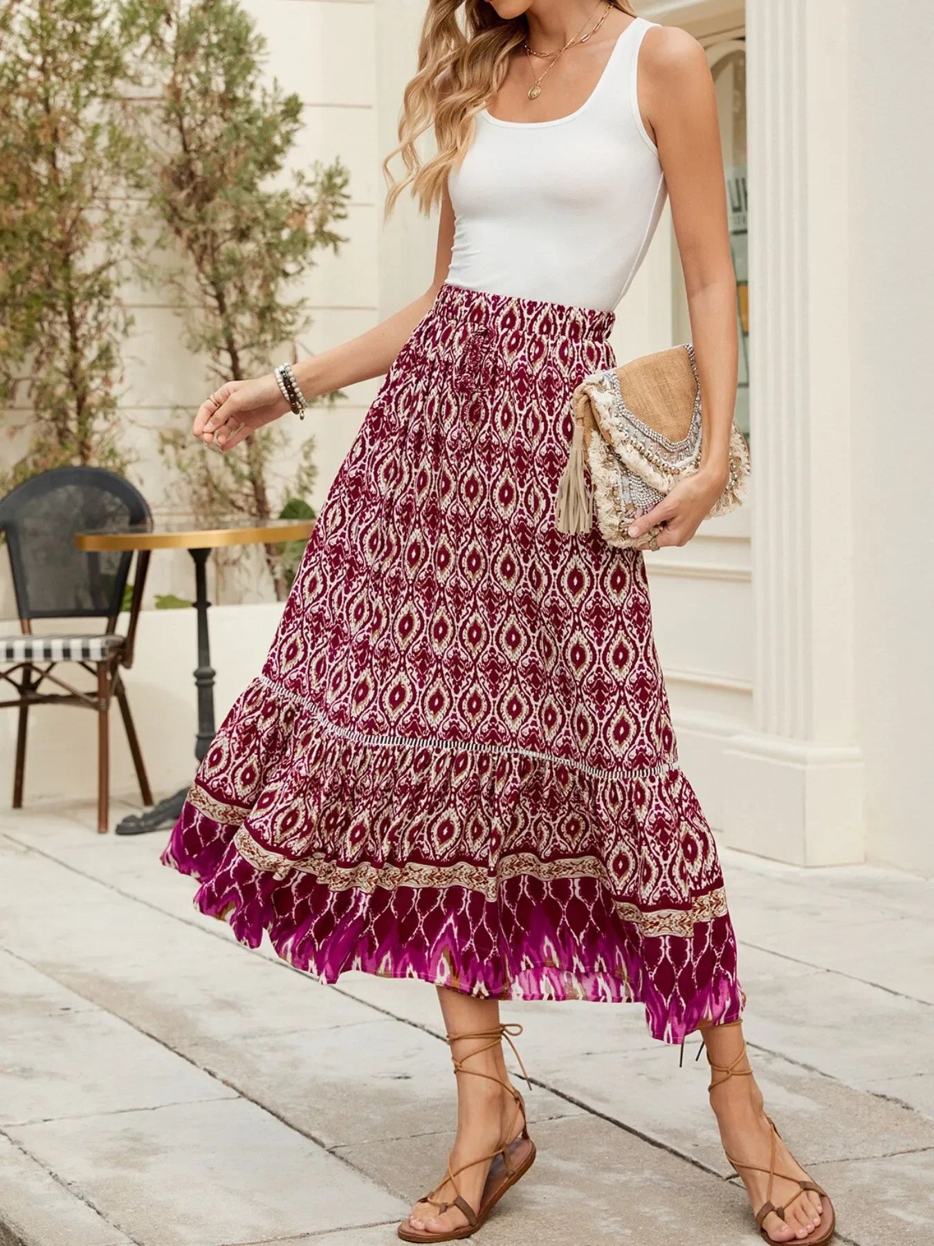 Bohemian Printed Ruched Maxi Skirt Flowing - Southern Shores Clothing