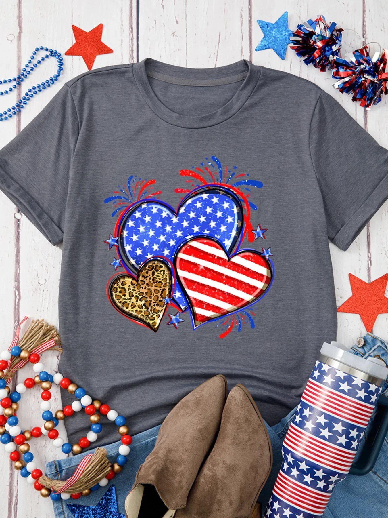 Heart Graphic Round Neck T Shirt Leopard Accent - Southern Shores Clothing