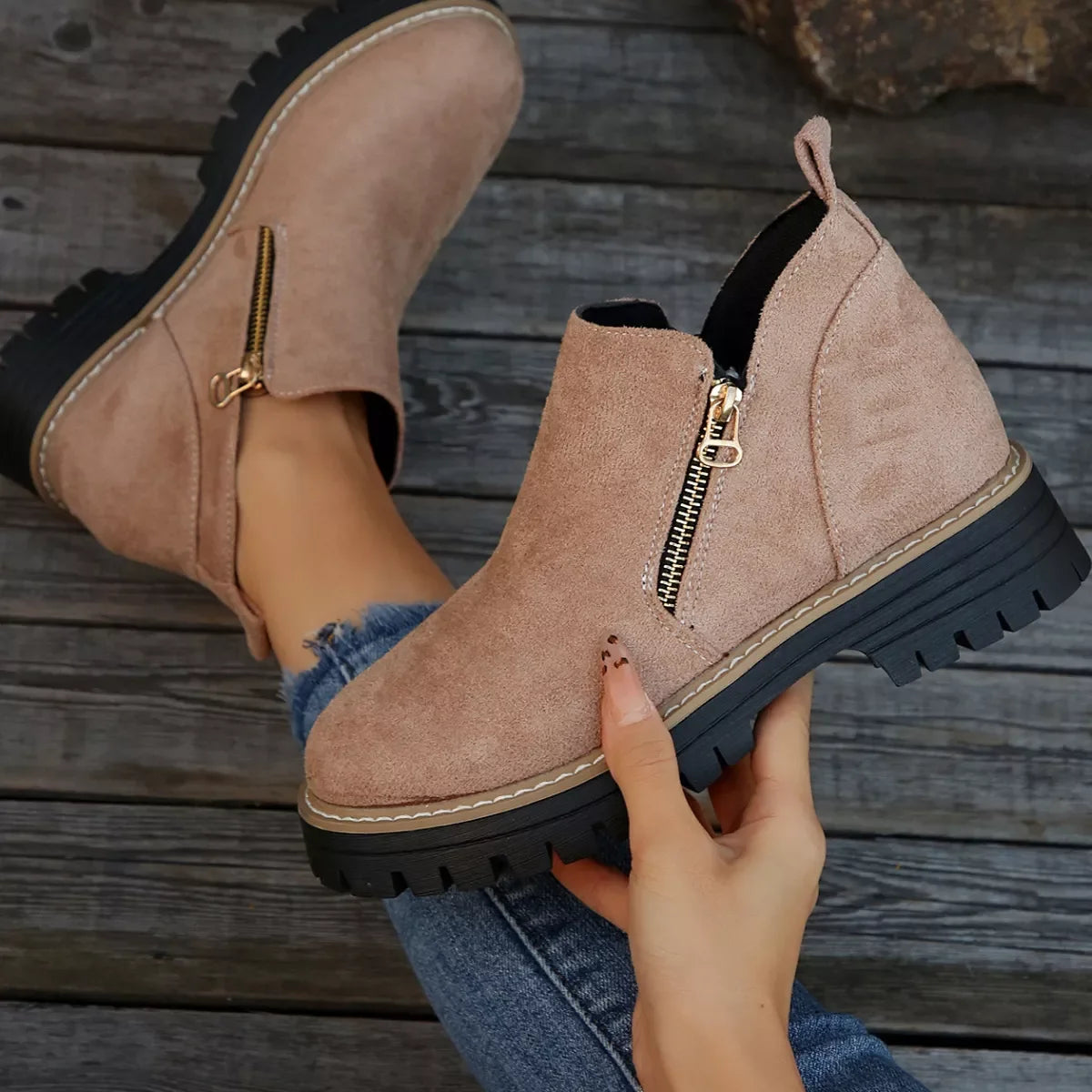 Suede Ankle Boots With Zipper Detail Mid Heel - Southern Shores Clothing