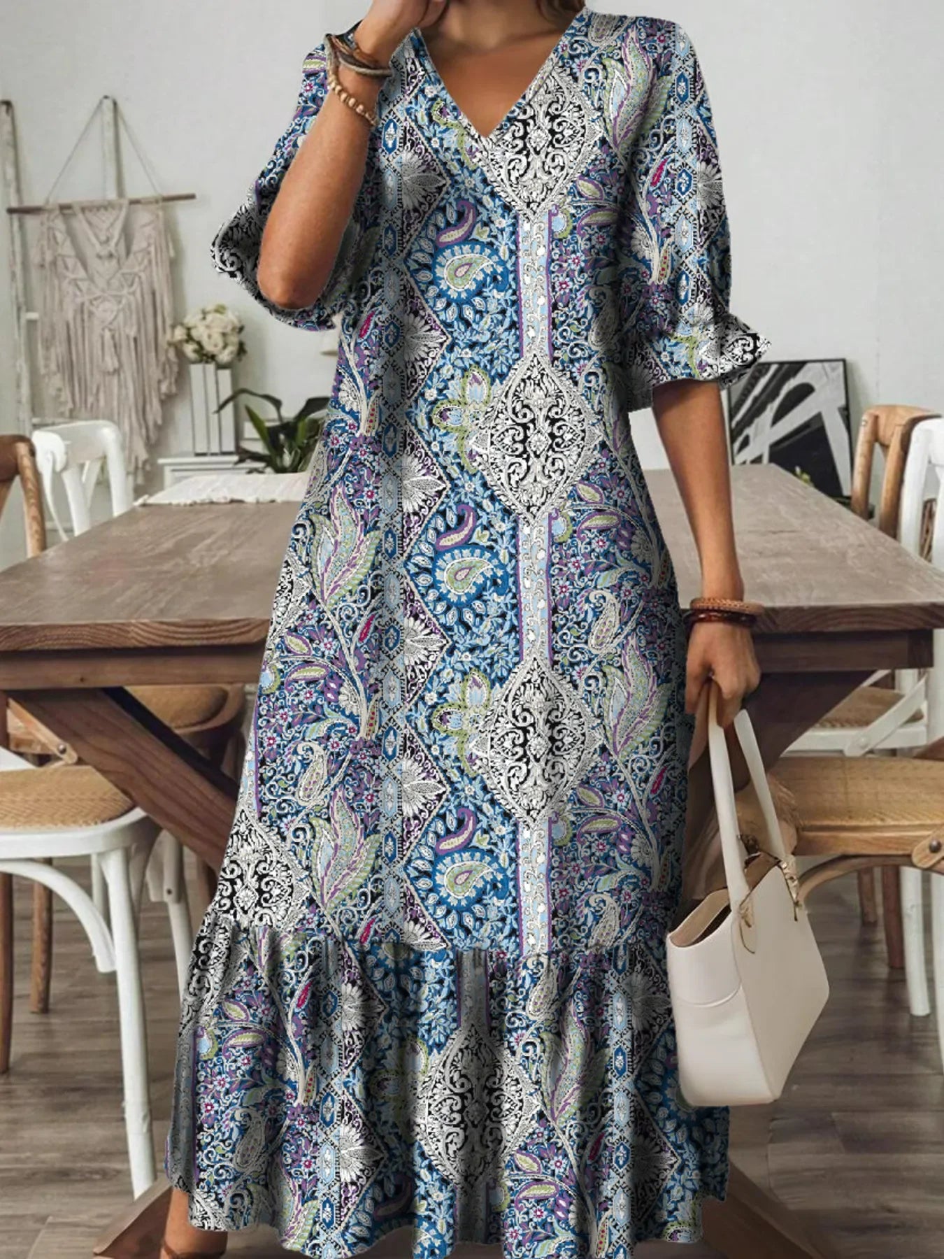 Bohemian Paisley Print V Neck Tiered Midi Dress Pattern - Southern Shores Clothing