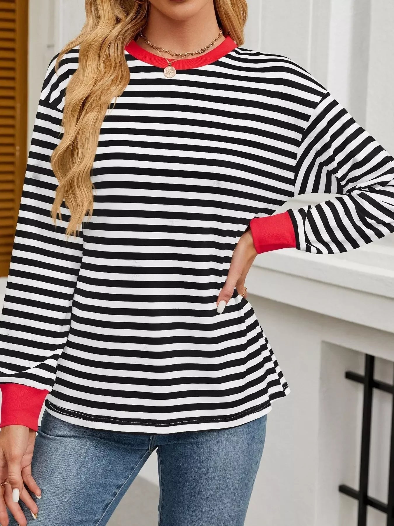 Striped Round Neck Long Sleeve T-Shirt - Southern Shores Clothing