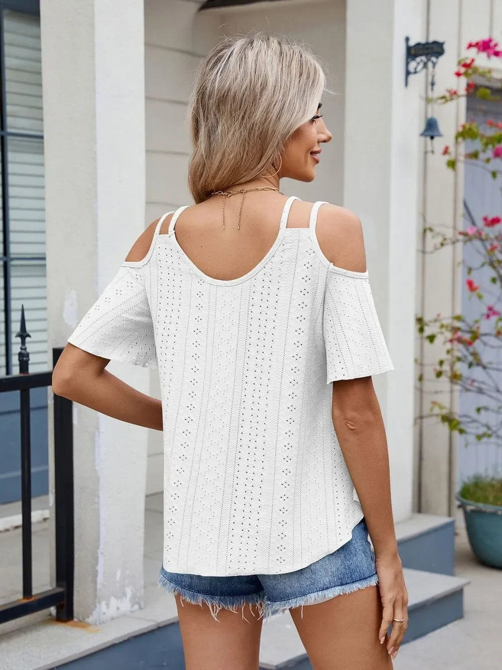 Florira Round Neck Cold Shoulder Eyelet T-Shirt - Southern Shores Clothing