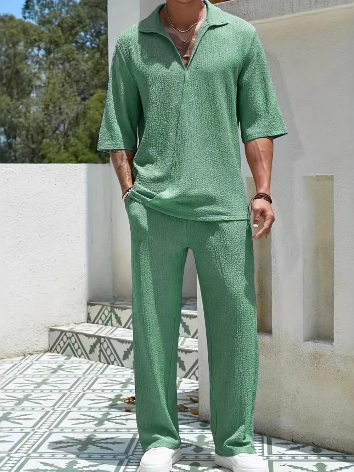 Men's Johnny Collar Half Sleeve Top and Pants Set - Southern Shores Clothing