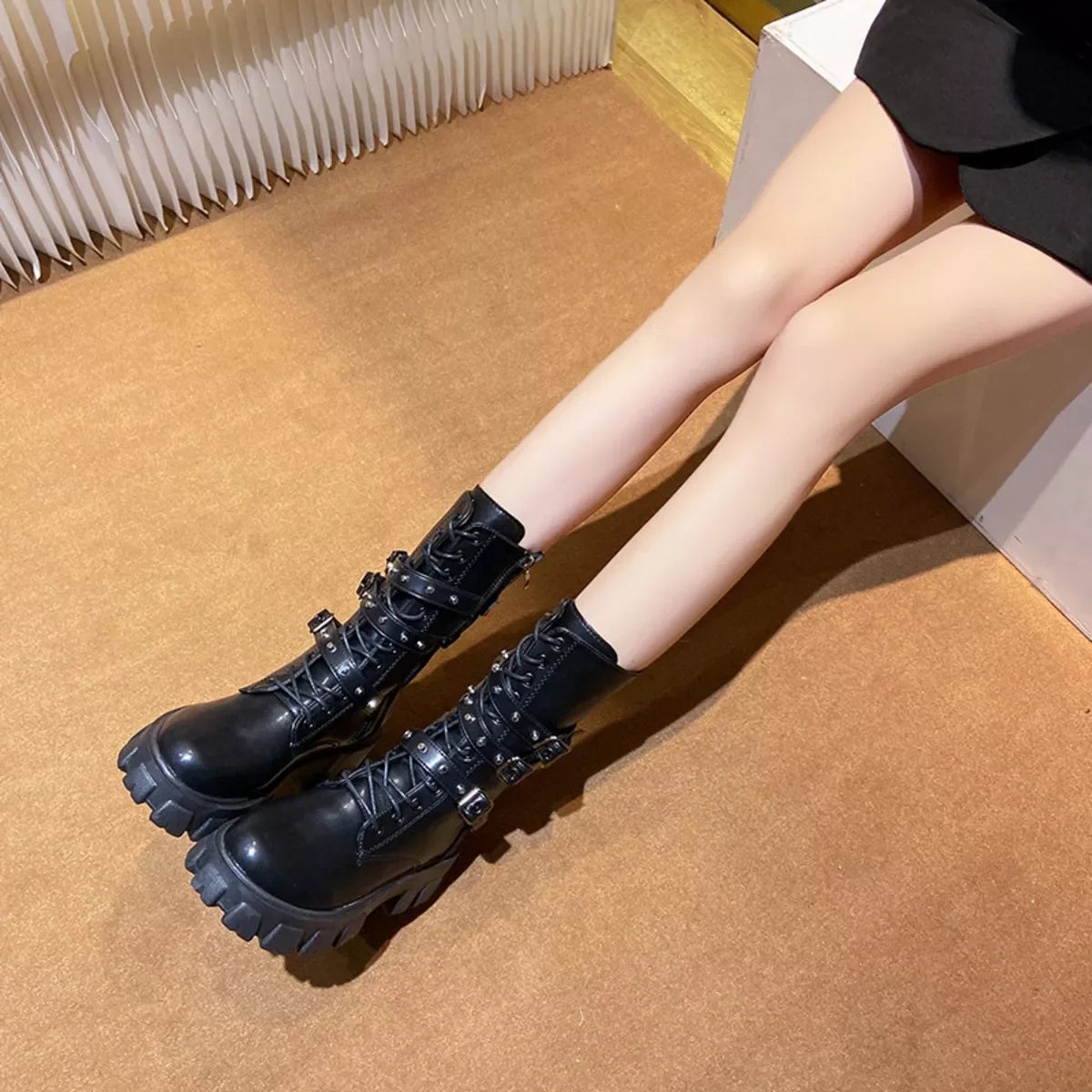 Buckled Lace-Up Mid Heel Combat Boots Ankle-Height - Southern Shores Clothing