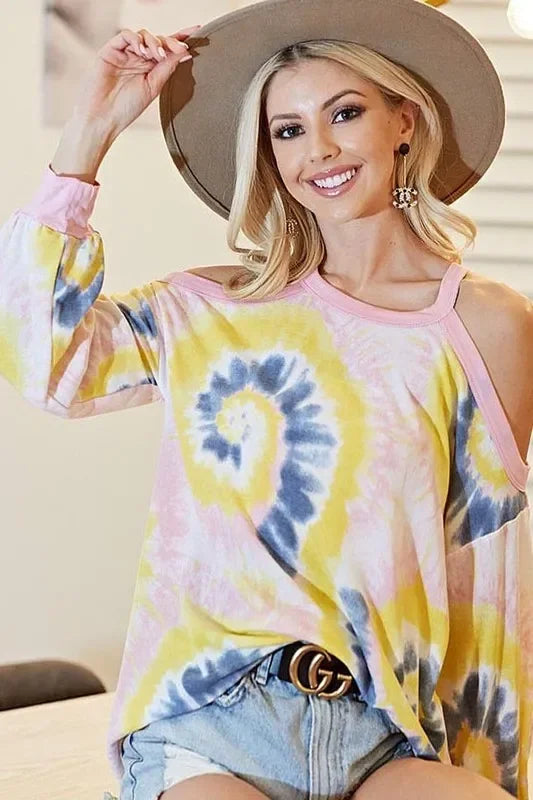 Tie Dye Terry Top With Cold Shoulder Detail - Southern Shores Clothing