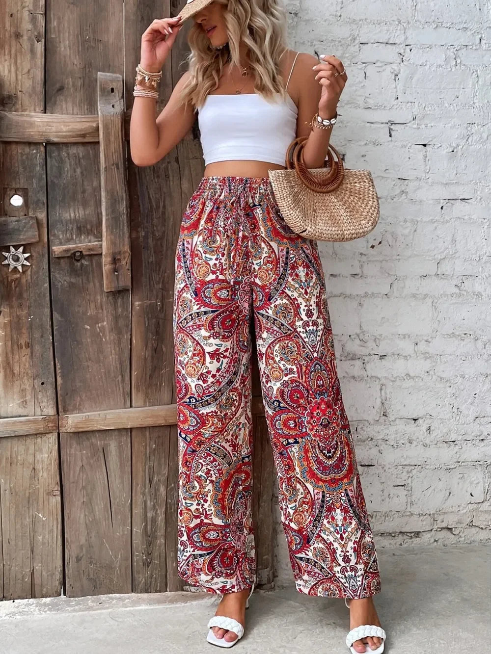 Printed Wide Leg Pants With Paisley Print Drawstring Waist - Southern Shores Clothing