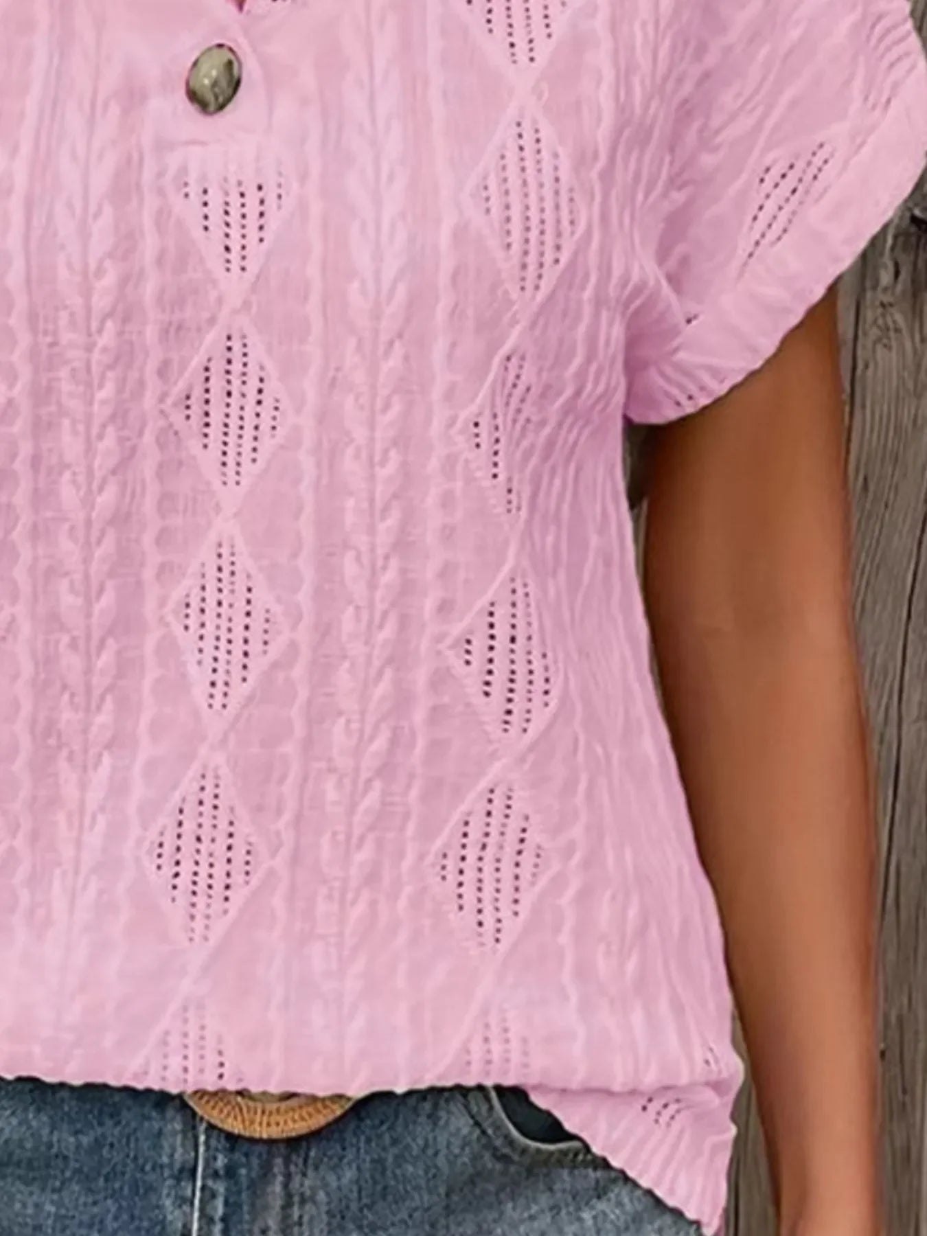 Textured V-Neck Short Sleeve Buttoned Top With Openwork - Southern Shores Clothing