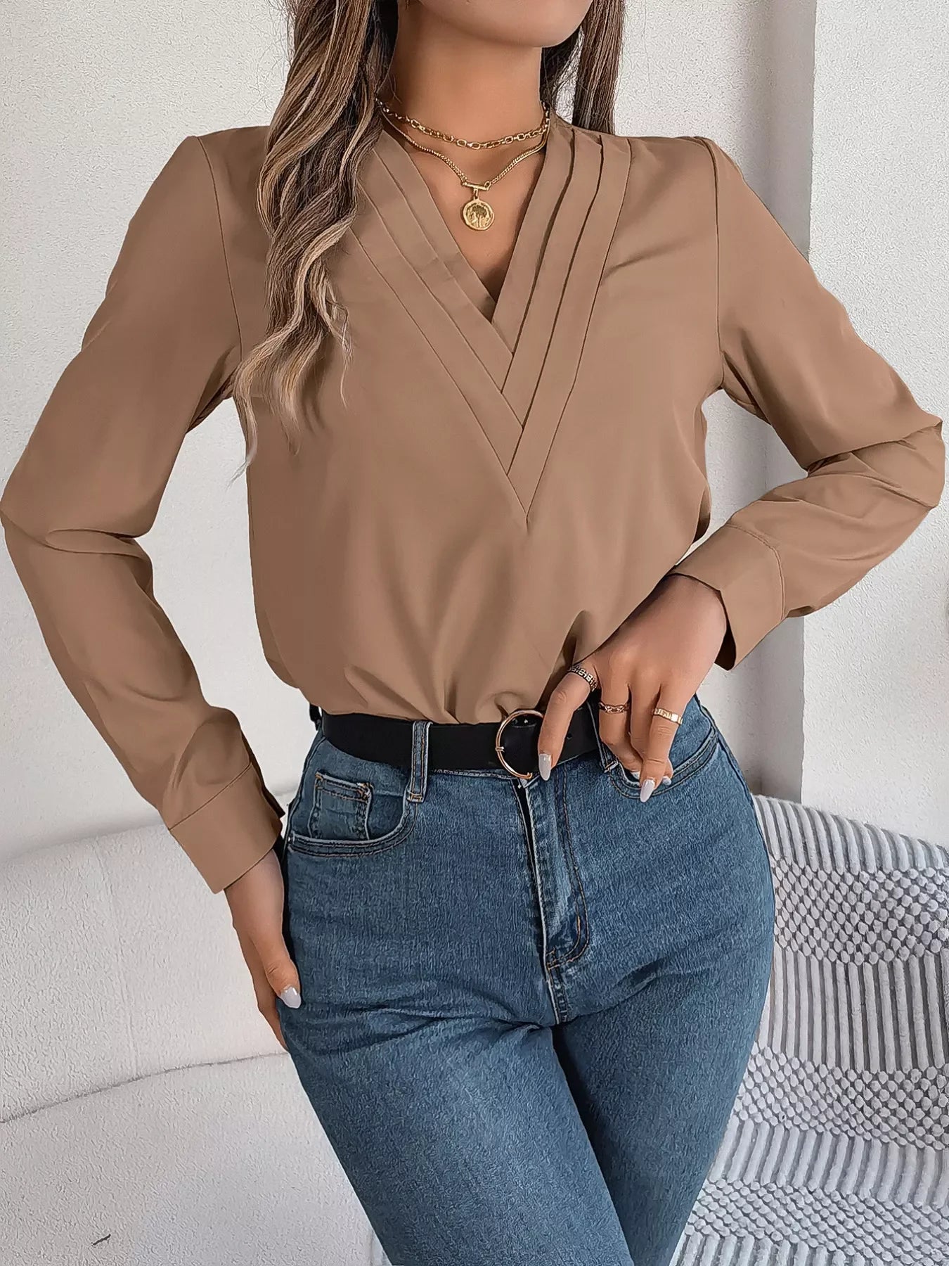 Layered V-Neck Long Sleeve Polyester Blouse - Southern Shores Clothing
