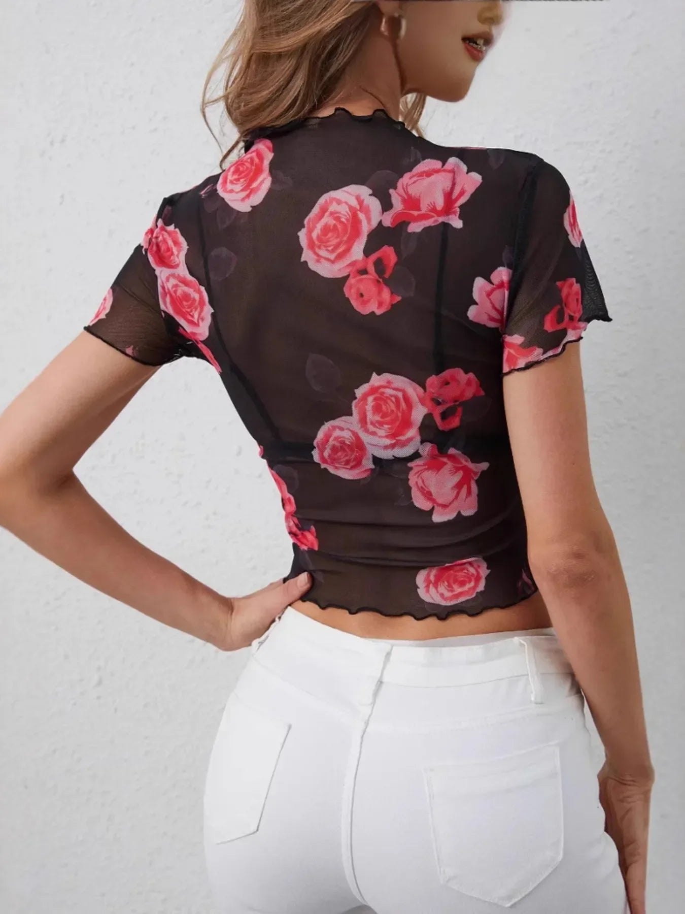 Fitted Mesh T Shirt With Floral Print And Sheer Stretch - Southern Shores Clothing