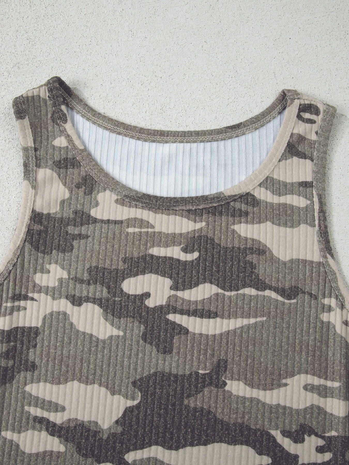 Camouflage Print Ribbed Knit Tank Top Round Neck Sleeveless - Southern Shores Clothing