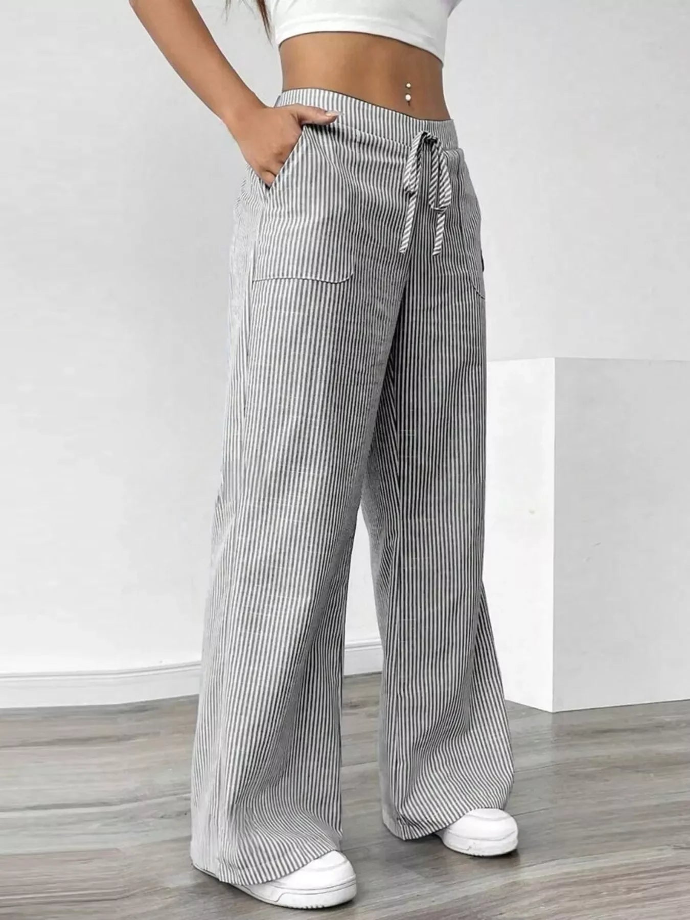 Striped Wide Leg Pocketed Casual Pants For Everyday Wear - Southern Shores Clothing