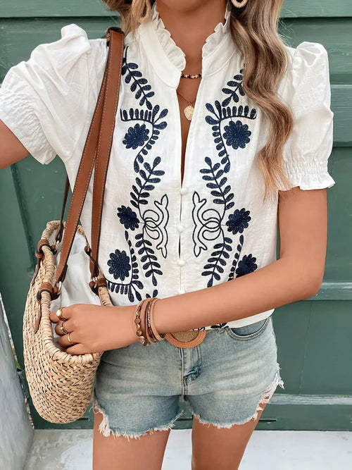 Southern Shores Clothing Embroidered Puff Sleeve Buttoned Blouse In 95 Percent Polyester - Southern Shores Clothing