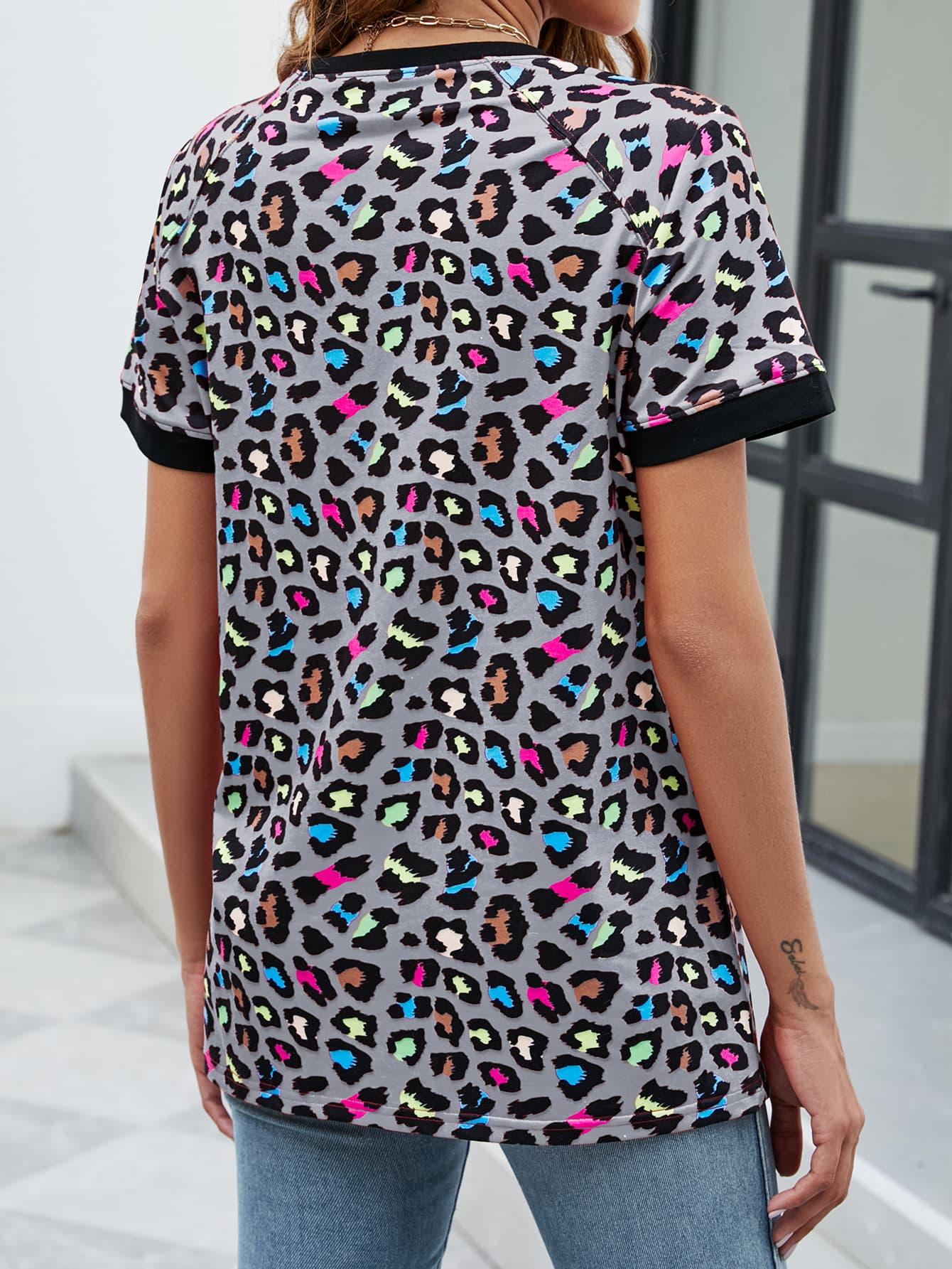 Leopard Print V-Neck Long T-Shirt With Stretchy Fabric - Southern Shores Clothing