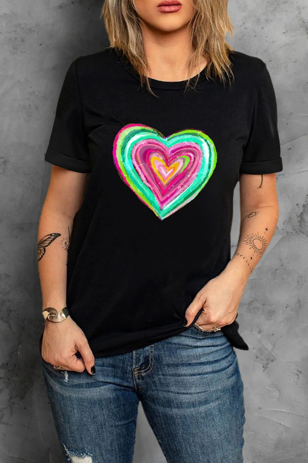 Women's Heart Design Round Neck Short Sleeve T-Shirt by SYNZ