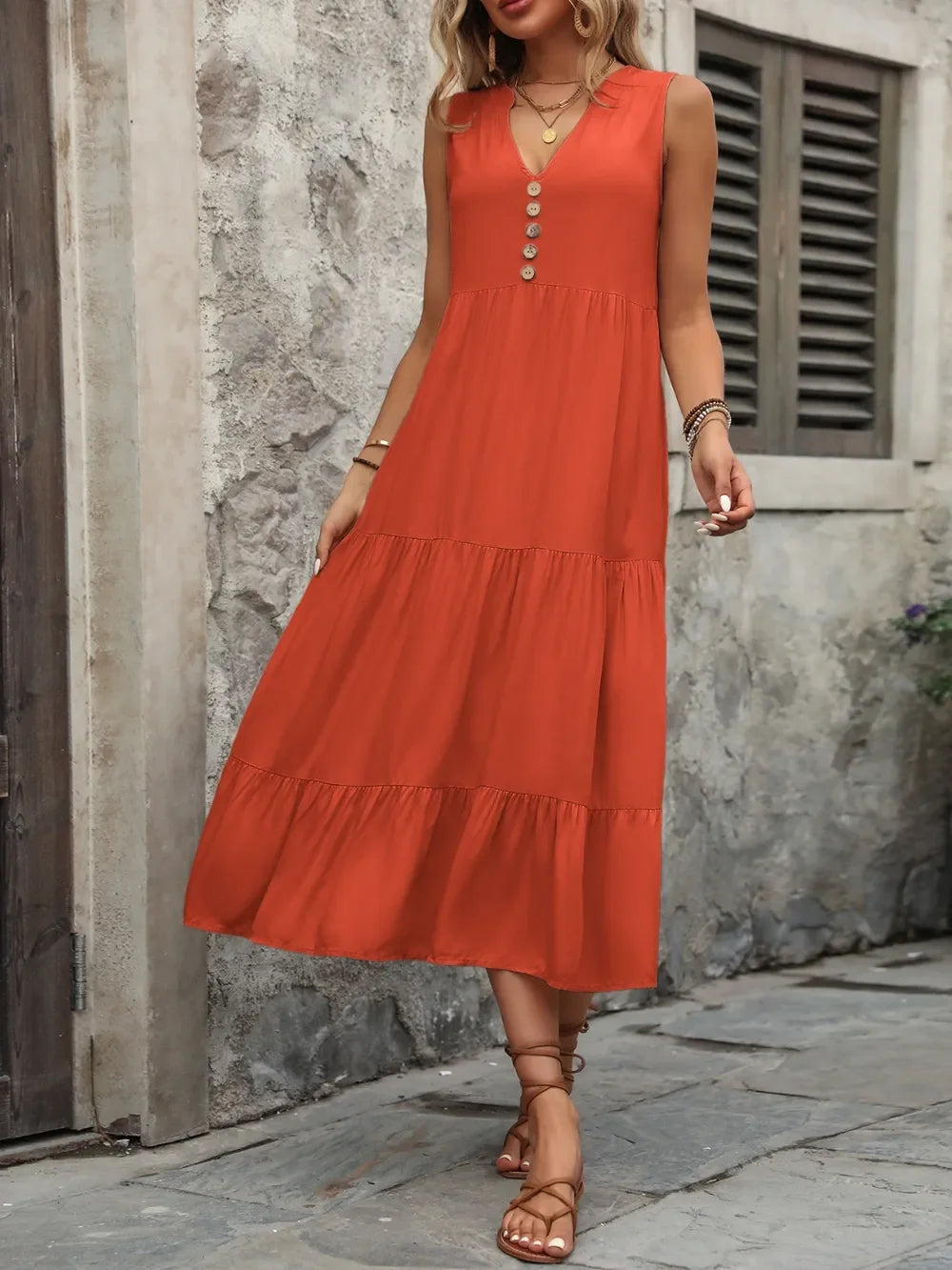 Notched Sleeveless Maxi Dress With Buttons - Southern Shores Clothing
