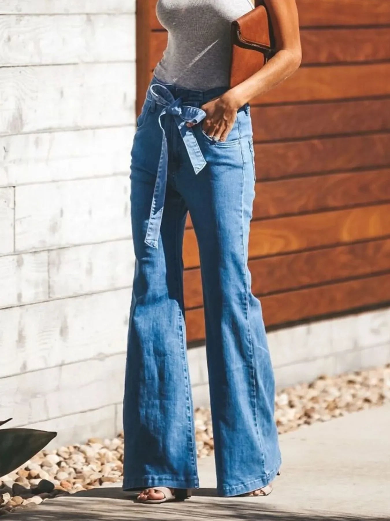 Beach Inspired High Waisted Tie Front Flare Denim Jeans - Southern Shores Clothing